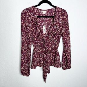 Max Studio Top Women Small Ruffled Floral Blouse Long Balloon Sleeve Burgundy